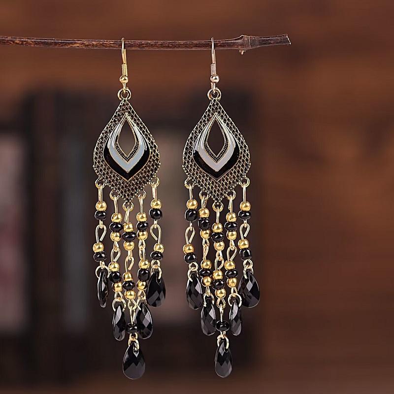 Vintage Ethnic Long Water Drop Tassel Earrings for Women Boho Colorful Hollow Flower Rhinestone Crystal Dangle Earrings