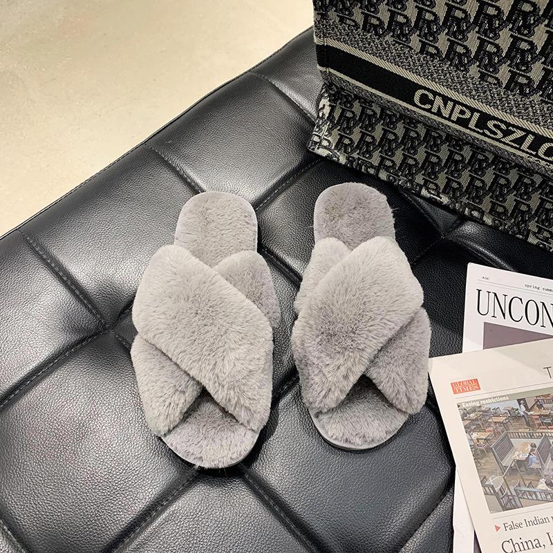 VAT-Compliant Fluffy Rabbit Fur Open-Toe Slippers for Cross-Border E-Commerce