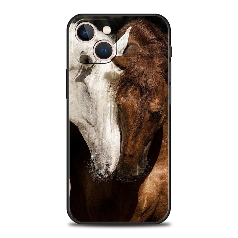 Роскошный мягкий чехол из ТПУ для iPhone 16 11 15 14 Pro MAX 12 13 7 8 Plus X XR XS SE 2022 Черный чехол Лошадь Животное