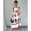 Fashion Vintage Long Sleeve Loose Casual Dresses Women Buttons Lapel A Line Printed Shirt Dress Women High Waist Lace-up Long Dress Spring New 25892