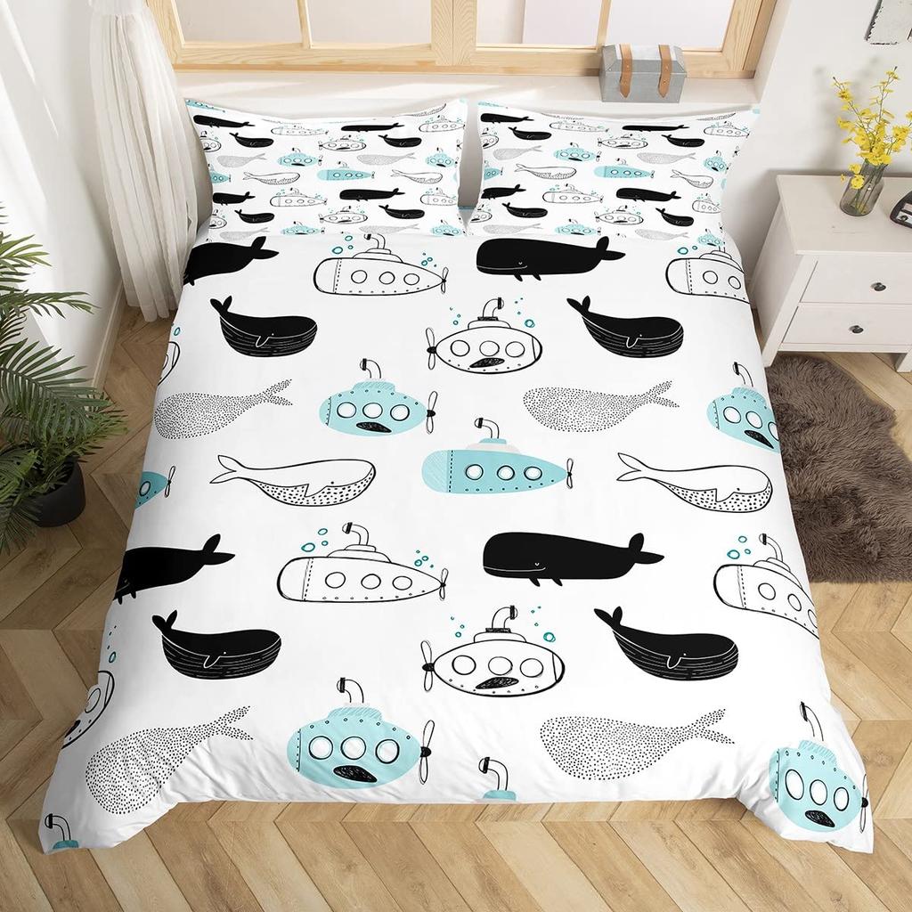 Blue Sea Whale Duvet Cover King Full Cartoon Ocean Animal Kids Bedding Set Coastal Beach Comforter Cover Ocean Waves Quilt Cover