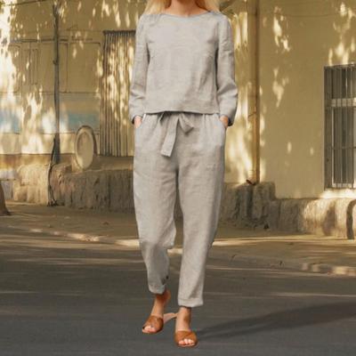 2 шт./комплект женский топ брюки комплект круглый вырез длинный рукав блузка винтаж эластичный