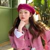 Beret Korean Style Leather Label Versatile Woolen Beret Autumn and Winter Retro Painter Hat for Girls