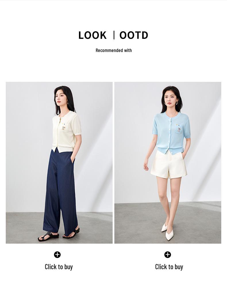 Французский Забавный Маленький Кролик Вышивка Вязаный Кардиган из Тенселя - Женский Повседневный Топ с Коротким Рукавом