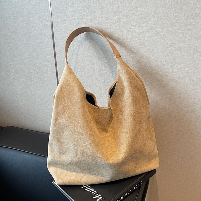Women Suede Shoulder Bag Retro Single Shoulder Bag Large Capacity Simple Tote Handbag Solid Color Hasp Closure Top Handle Bag
