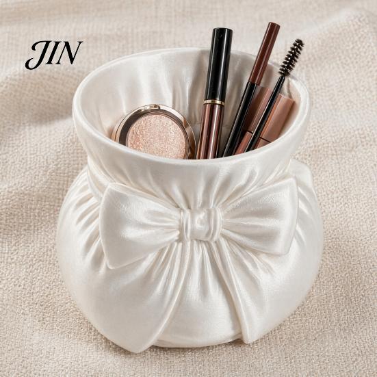 Large Capacity Storage Tube Silk Drawstring Vase, 3D Printed Pen Holder, Makeup Brush Mini Vase Satin Texture Container And Organizer for Jewelry