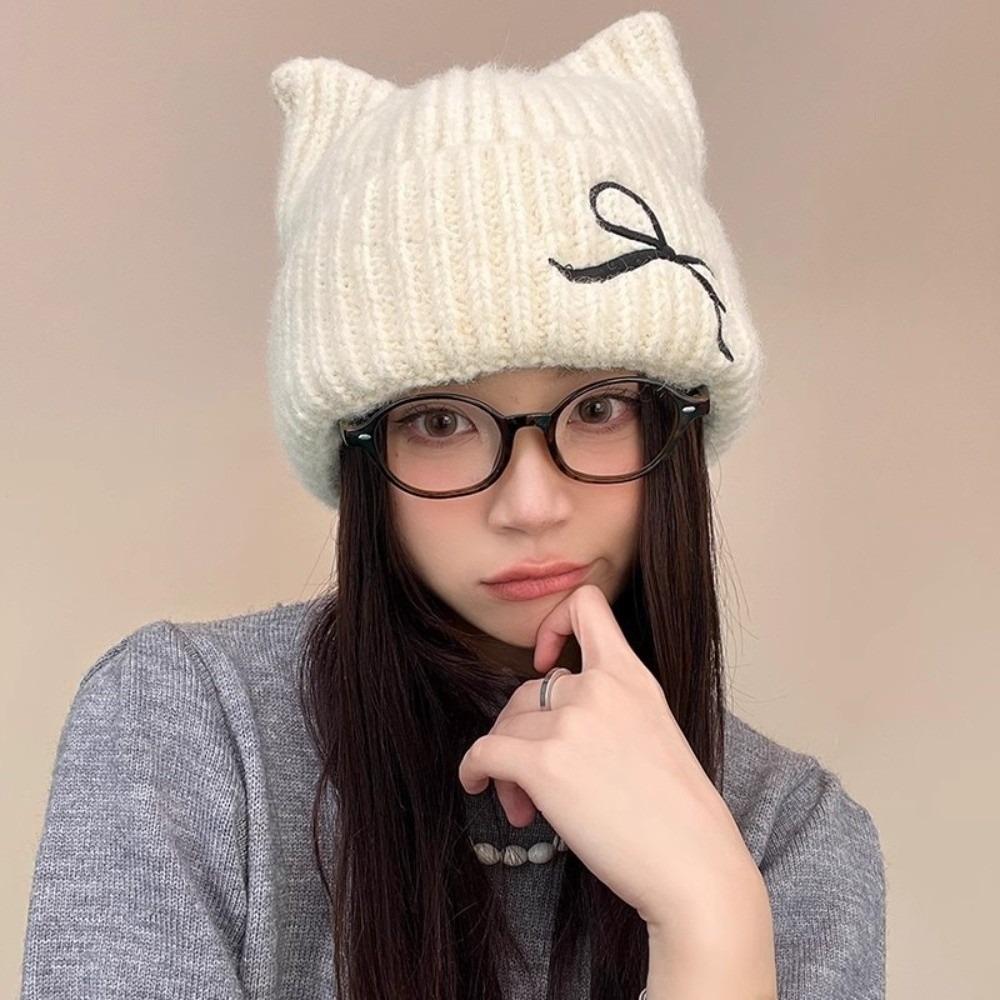 Thickened Cat Ear Beanie Windproof Knitted Skullies Soft Knitted Woolen Hat Ladies