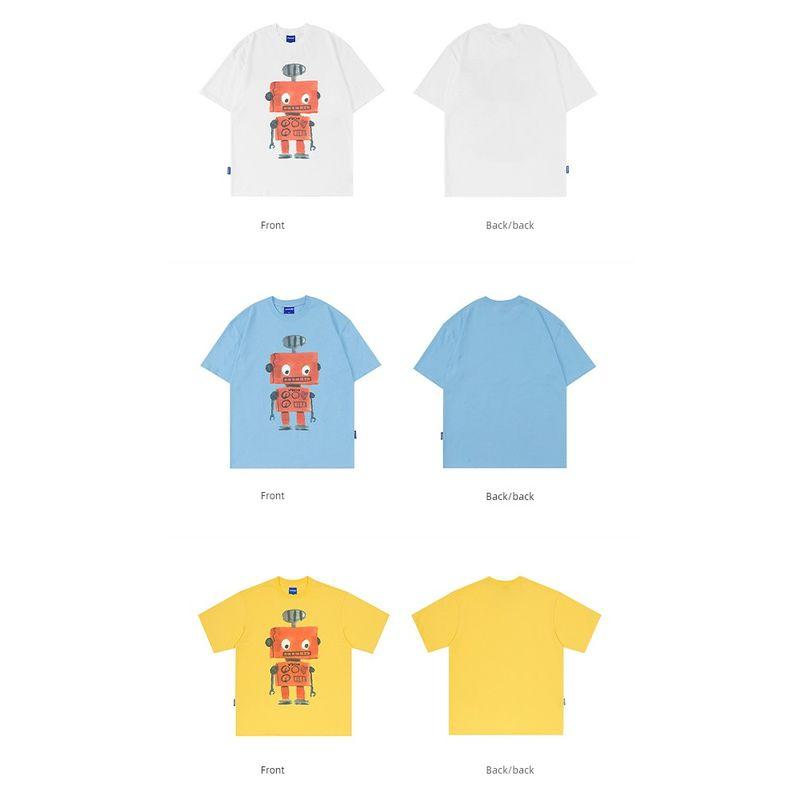 Wassup Robot Retro Simple Short-Sleeved T-Shirt for Men and Women Loose Casual Summer Heavy Cotton Round Neck Top