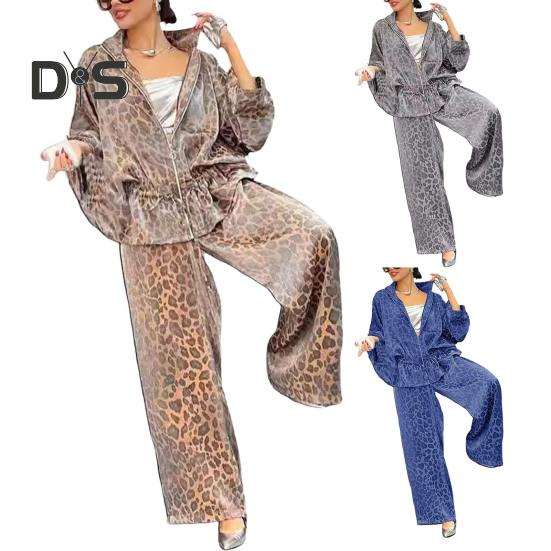 Комплект из 2 предметов: женская рубашка и брюки, леопардовый принт, застежка-молния, длинный рукав, плиссированный топ, свободные широкие брюки, рабочая одежда для поездок на работу