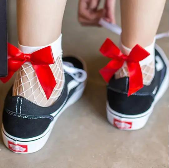 Мода 2024 года, новые женские сексуальные черные сетчатые короткие носки до щиколотки, рождественские носки в сетку для девочек с милым бантом, женские носки 6 цветов