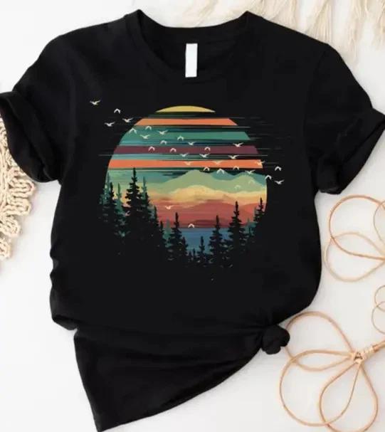 Retro Forest Sunset T-shirt Tops Tees Unisex, Nature Lover Gift