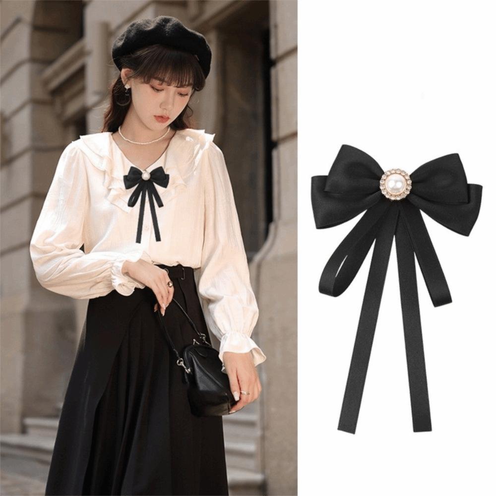 Pearl Black Ribbon Pin Beads Ribbon Badge Brooch Sweet Black Bow Necktie  Parties