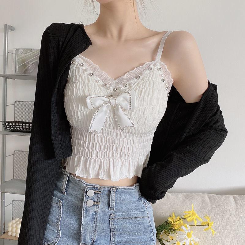 Summer Women's Bow Pleated Mesh Vest with New Suspender and Chest Pad Top, Fashionable and Elegant Summer Women's Clothing