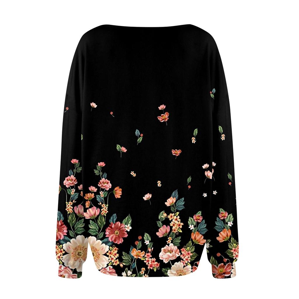 Женская мода V-образный вырез длинный рукав принтованный свободный пуловер свитшот топ