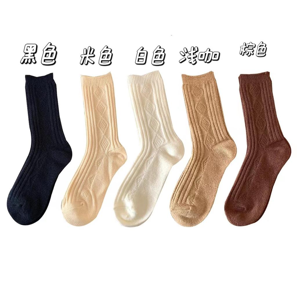 Rhombus Wool Retro Twist Medium Tube Simple Warm Brown Stacking Socks Stockings