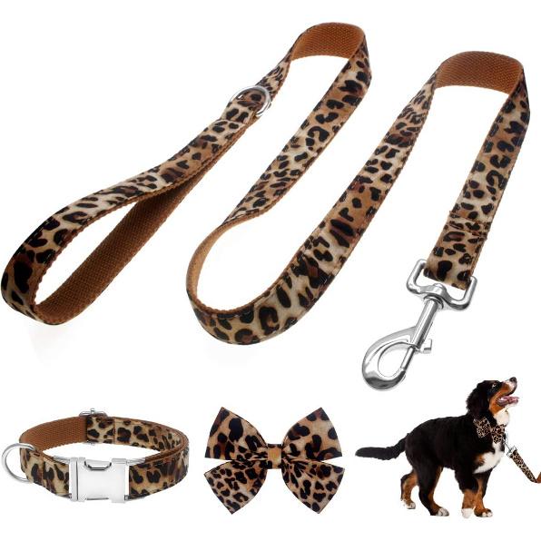 Dog Collar with Bow, Cotton & Webbing, Detachable Bowtie Dog Collar, Adjustable Dog Collars and Leash for Small Medium Large Dogs (S, Leopard Print)