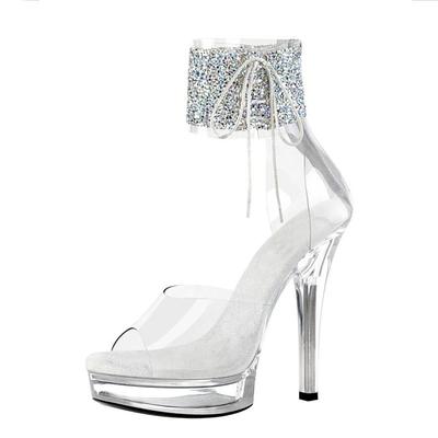 Туфли-стилетто 15 см из прозрачного кристалла для танцев на пилоне - Сексуальные сандалии на платформе с ремешком на щиколотке с блестками, обувь для танцев в фетиш-клубе