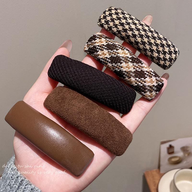 Vintage Maillard Plaid Leather Rectangle Hairpin For Women Girls Sweet Hair Ornament Barrette Hair Clip Hair Accessories