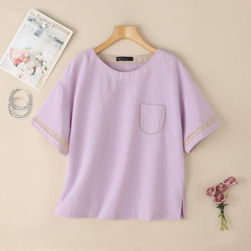 ZANZEA Women Summer Round Neck Casual Grid Print Short Sleeve Blouse