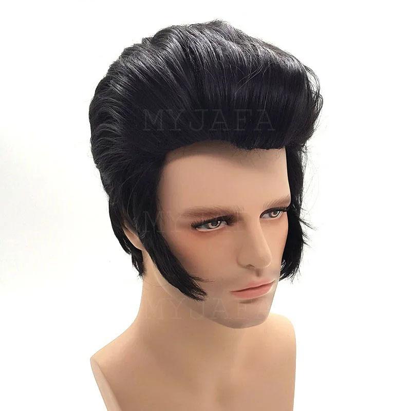 High Quality Men's Rock Singers Presley Cosplay Wig Party Superstar Heat Resistant Black Synthetic Party Hair Wig + Wig Cap