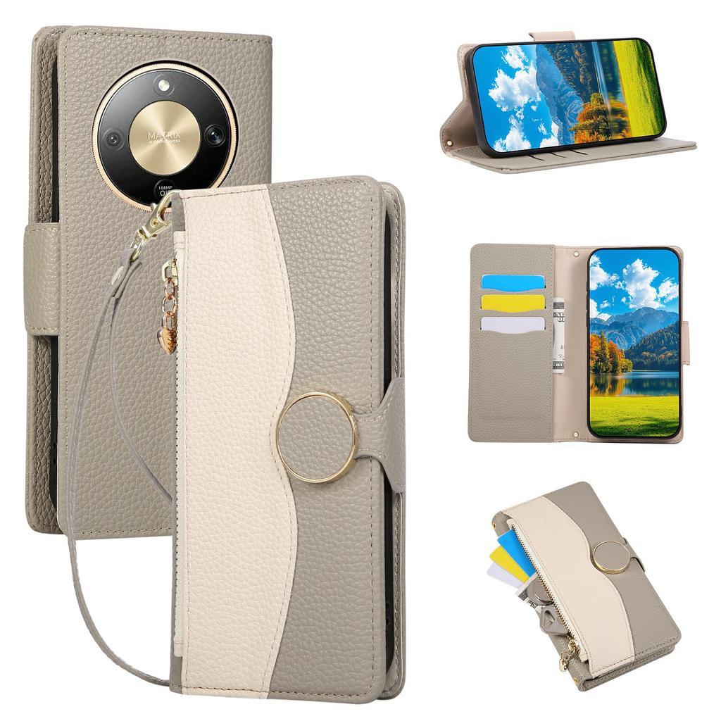 Phone Case For Honor Magic8 Lite 5G / X9d 5G / X70 5G Zipper Wallet Color Splicing TPU PU Leather Flip Phone Cover with Strap