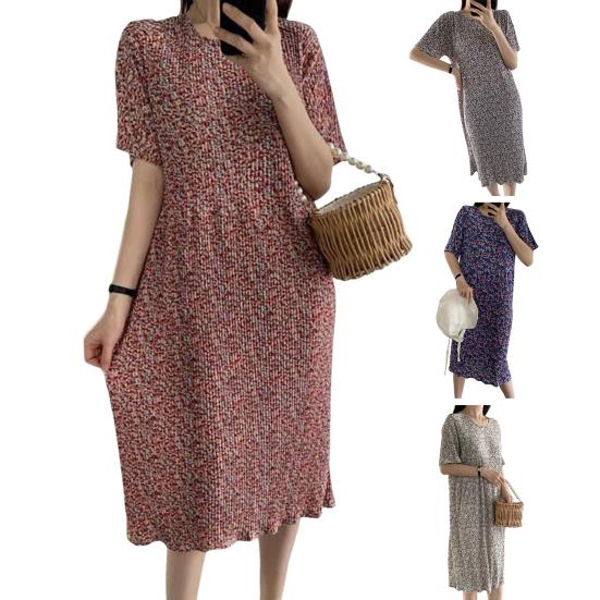 Summer Women Dress Small Flower Print Crew Neck Loose Short Sleeves Pleated Mid-calf Length Pullover Shopping Midi Dress