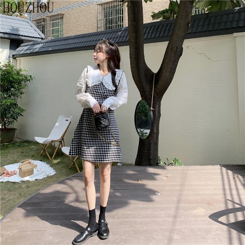 HOUZHOU Платье в клетку с кукольным воротником, женское платье из двух частей, милое элегантное шикарное платье феи в корейском стиле