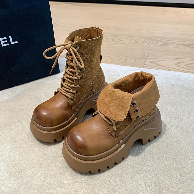 Fashion Aphixta Classical 7cm High Chunky Heel Women's Ankle Boots Cross-tied Leather Women's Autumn Boots Korean Style Platform Boots