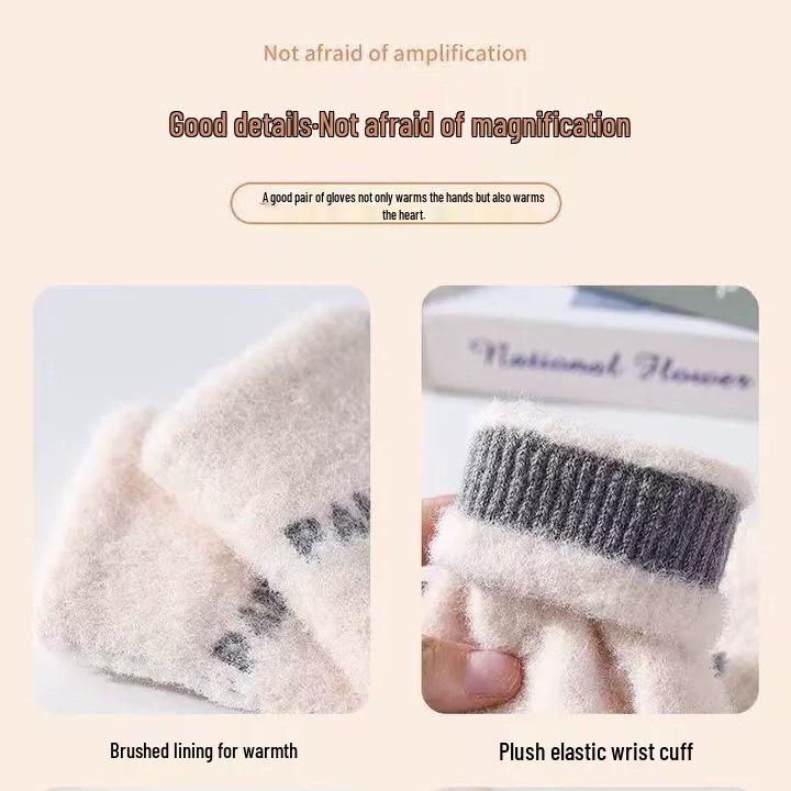 Женские милые шерстяные перчатки с сенсорным экраном - Зимние велосипедные, Толстые с вельветовой подкладкой, Пятипалые, Защищающие от холода, Теплые хлопковые перчатки