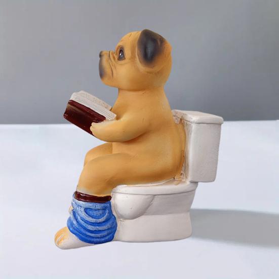 Pug Sitting On Toilet Figurine Reading Book Dog Resin Statue Puppy Animal Sculpture
