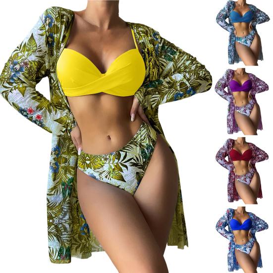 3 шт./компл. Женский комплект бикини с цветочным принтом, раздельный, на бретелях, с подкладкой, купальник-спагетти, сексуальный, с длинным рукавом, EMA