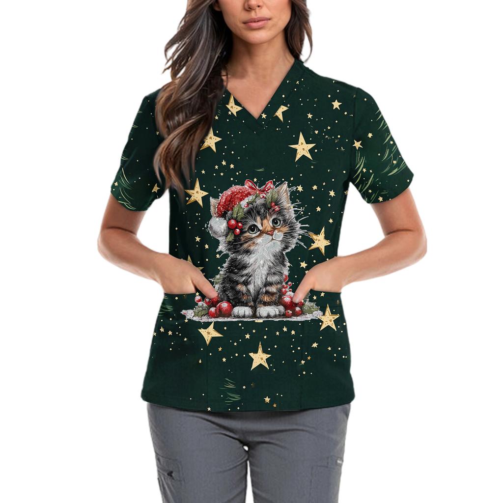 Женская милая блузка с принтом бантиков, рабочая одежда, V-образный вырез, двойной слой, карманы, базовая, с коротким рукавом, пуловер