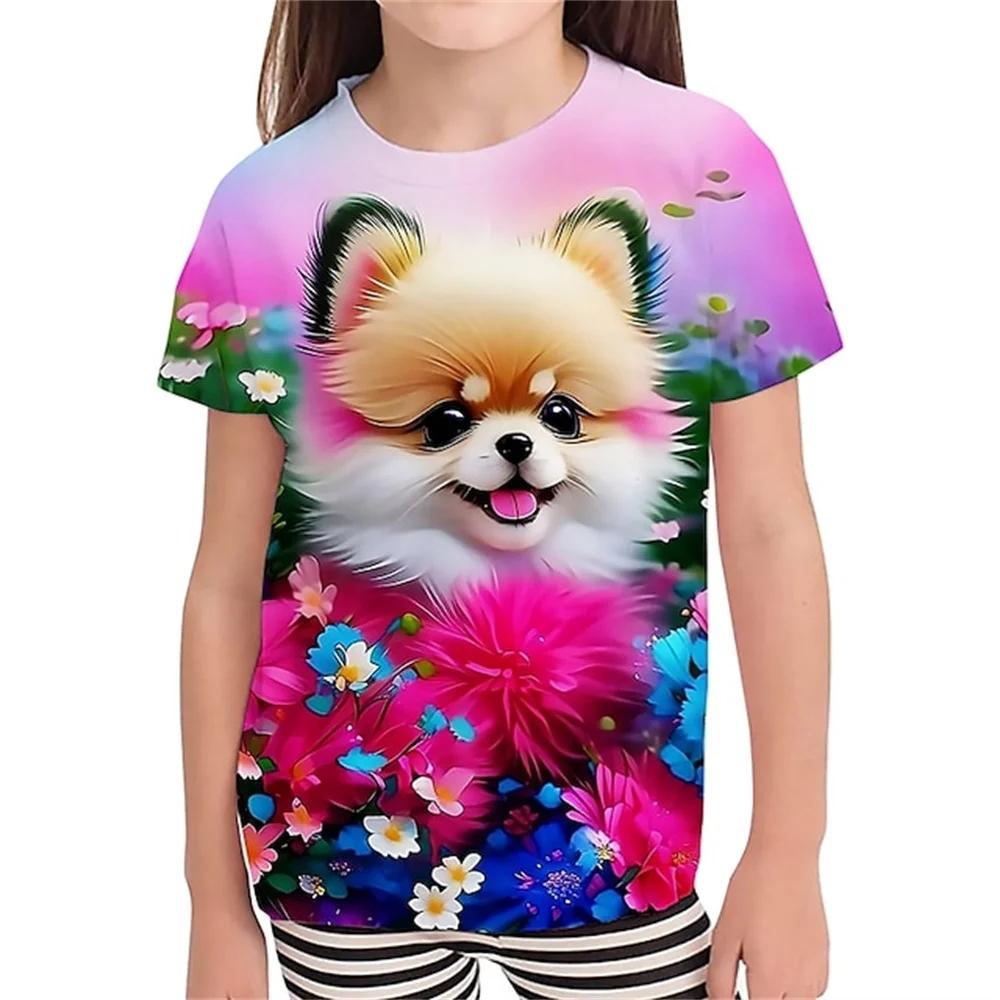Cute Fluffy Cat Cartoon Fashion 3D Short-Sleeve T-Shirt for Kids, Beautiful Summer Girl's Versatile Colorful Top