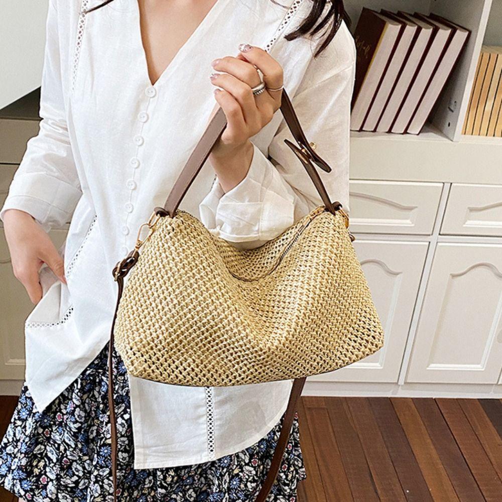 PU Leather Buckle Hobo Shoulder Bag Grass Woven Box Bag Leisure Straw Crossbody Bag Women