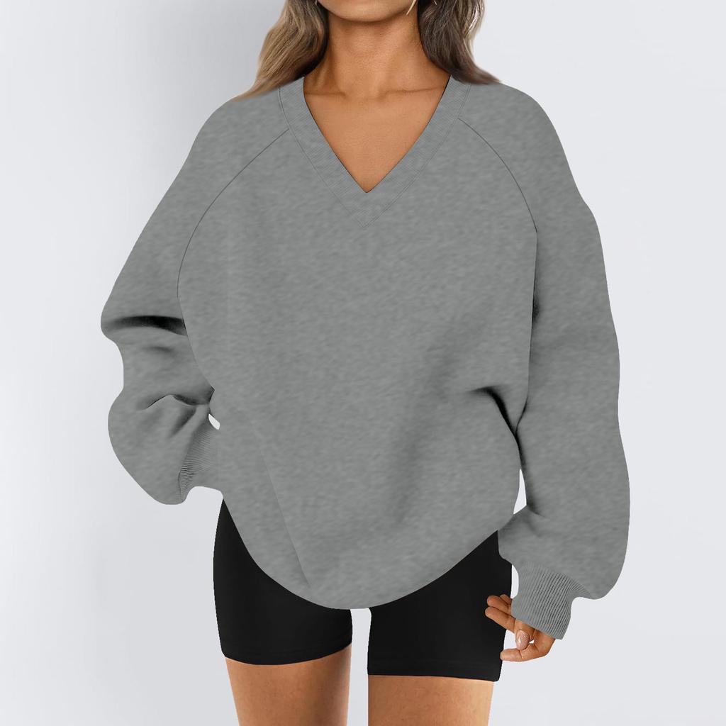 Ladies Long Sleeve Solid Color V-neck Sweatshirt