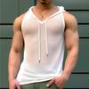 Sleeveless Fitness Drawstring Hooded Top with Muscle Feel, Solid Color Perspective Sexy Men’s Tank Tops