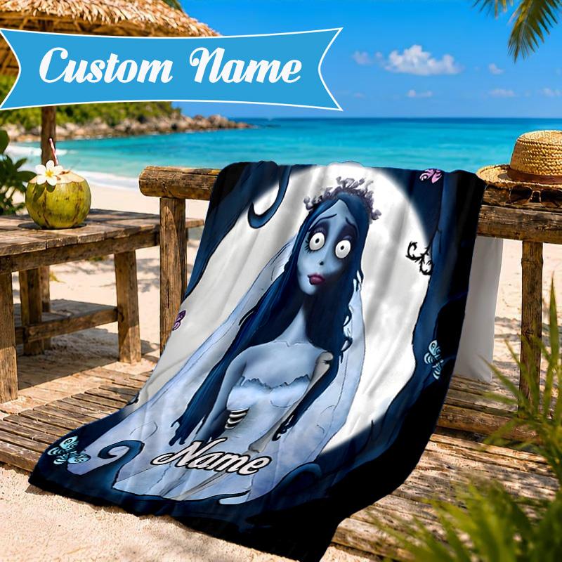 Custom Name Corpse Bride Art Heart In Space Adventure Microfiber Beach Towel, Lightweight for Summer Travel, Swimming Pool Fan Gift