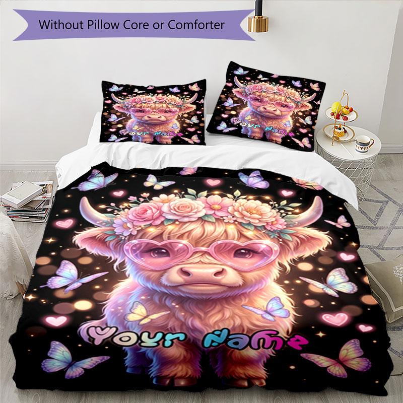 3PC Custom Name Pink Cow Heart Glasses Bedding Set Duvet Cover Closure Includes 1 Duvet Cover & 2 Pillowcases for Bedroom