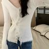 Ранняя осень корейский стиль V-образный вырез Slim Fit Внутренний слой свитер с основанием женский кисточкой Nail Bead Designknitted Кардиган Топ