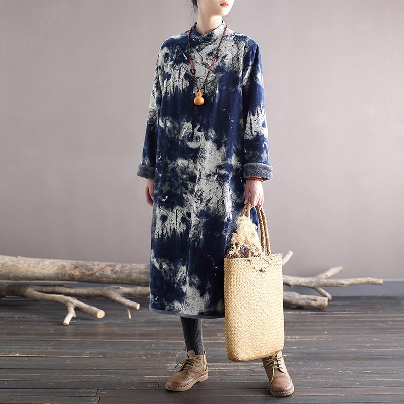 Johnature Женское винтажное бархатное платье со стойкой, свободное платье с цветочным принтом и длинными рукавами, осенне-зимняя лоскутная одежда