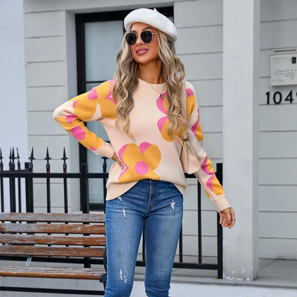 Осенне-зимний женский пуловер с принтом, круглый вырез, модный свитер с большим цветочным принтом