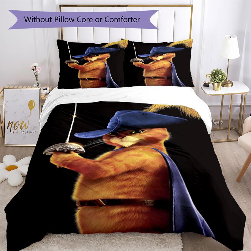 3pcs Puss In Boots Bedding Set Duvet Cover Closure Includes 1 Duvet Cover & 2 Pillowcases, Soft and Comfortable for All Seasons.