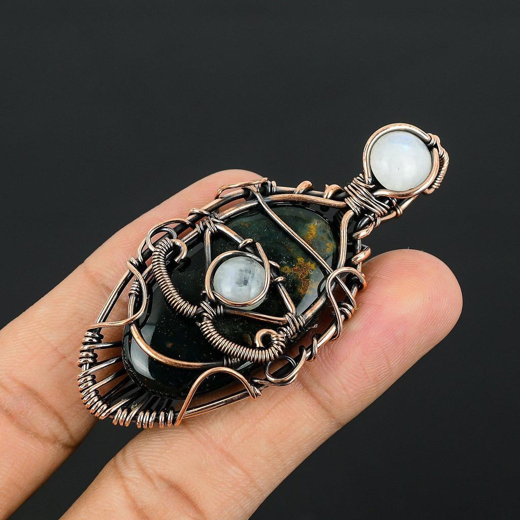Bloodstone & Rainbow Moonstone 999 Copper Wire Wrapped Pendant Handmade Gemstone Jewelry, Gifts For Wife Brand New Pendant