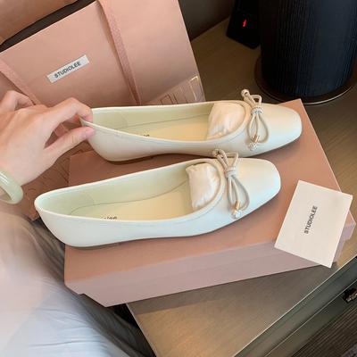 Виноградная Мама Фрида Девочка~ Квадратный Носок Бант Светлый Рот Нежные Жемчужные Балетки из Овчины Одинарная Обувь