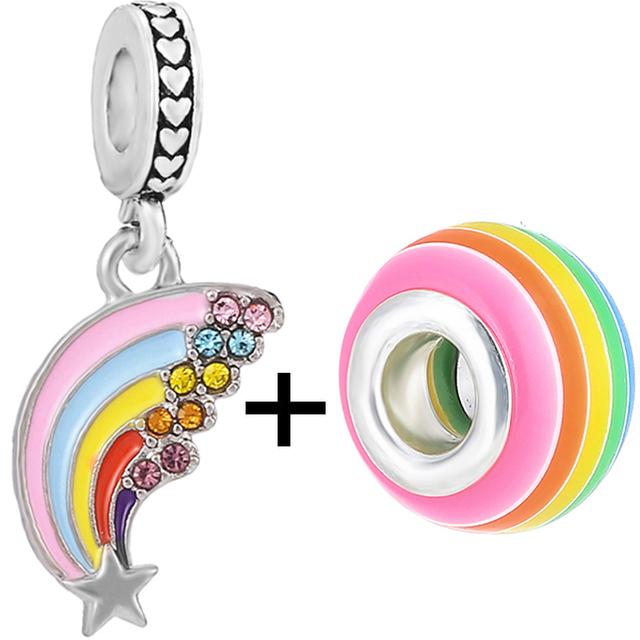 2pcs Colorful Paw Flower Butterfly Beads Rainbow Fit Original Brand Charms Silver Color Bracelets Necklaces Women Diy Jewelry