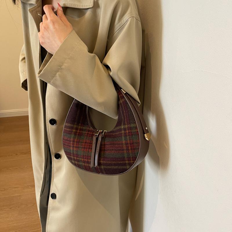 PU Leather Small Bag for Women Grid Striped Half Moon Shoulder Bags Retro Female Underarm Bags Girls New