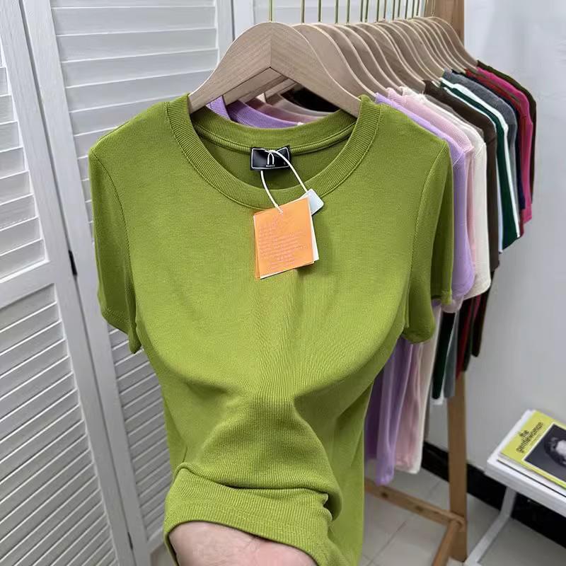 Европейская футболка больших размеров в рубчик свободного кроя с коротким рукавом, женская базовая блузка зеленого цвета