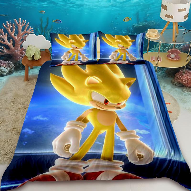 Kids Sonic Duvet Cover Set Hedgehog Cartoon Bedding Set with 2 Pillowcase Bedroom Dormitory Decor Gifts