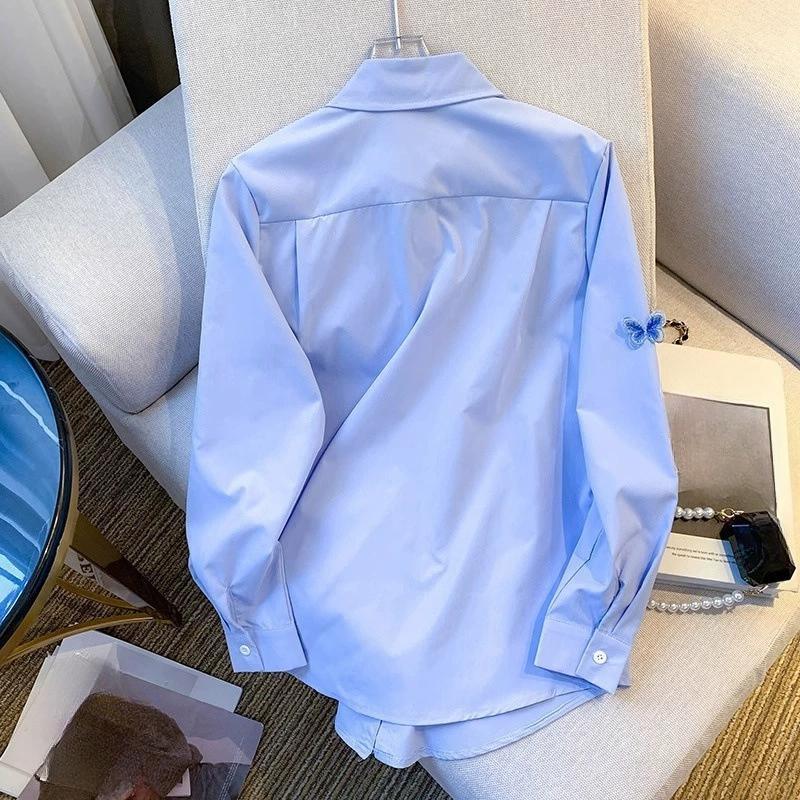 Three Dimensional Butterfly Blue Shirt Jacket, Women's Spring and Autumn Design Sense, Loose Hong Kong Style Long Sleeved Shirt