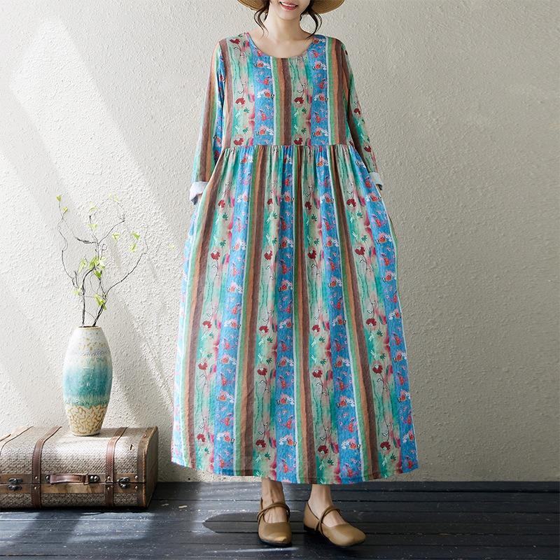 Осеннее литературное платье больших размеров из хлопка и льна с принтом, круглым вырезом и длинными рукавами для женщин, платья